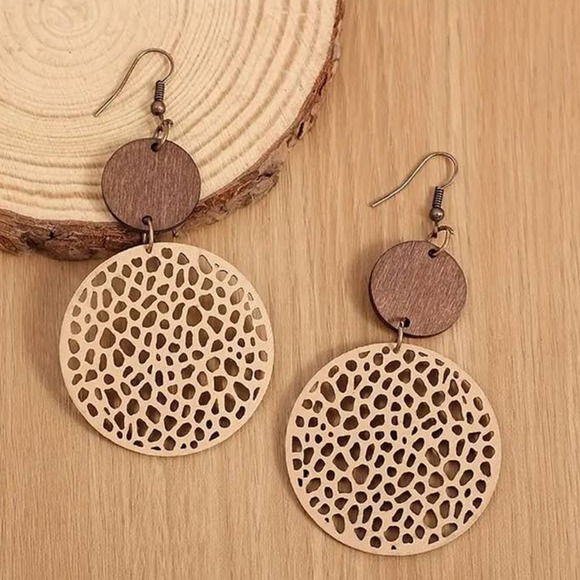 Round Khaki Drop Earrings Bohemian Vintage Wooden‎ Leather Earrings - Picture 1 of 8
